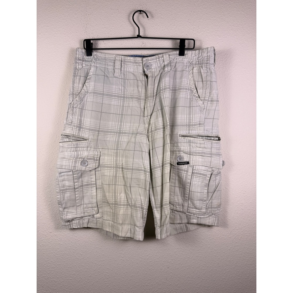 Quiksilver Mens Plaid Cargo Shorts Grey White Multi Pocket Size 34 Casual